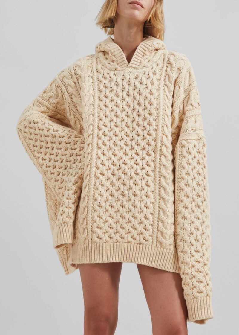 Braided Knit Hoodie - Beige - Image 3