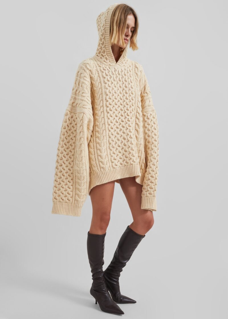 Braided Knit Hoodie - Beige - Image 5