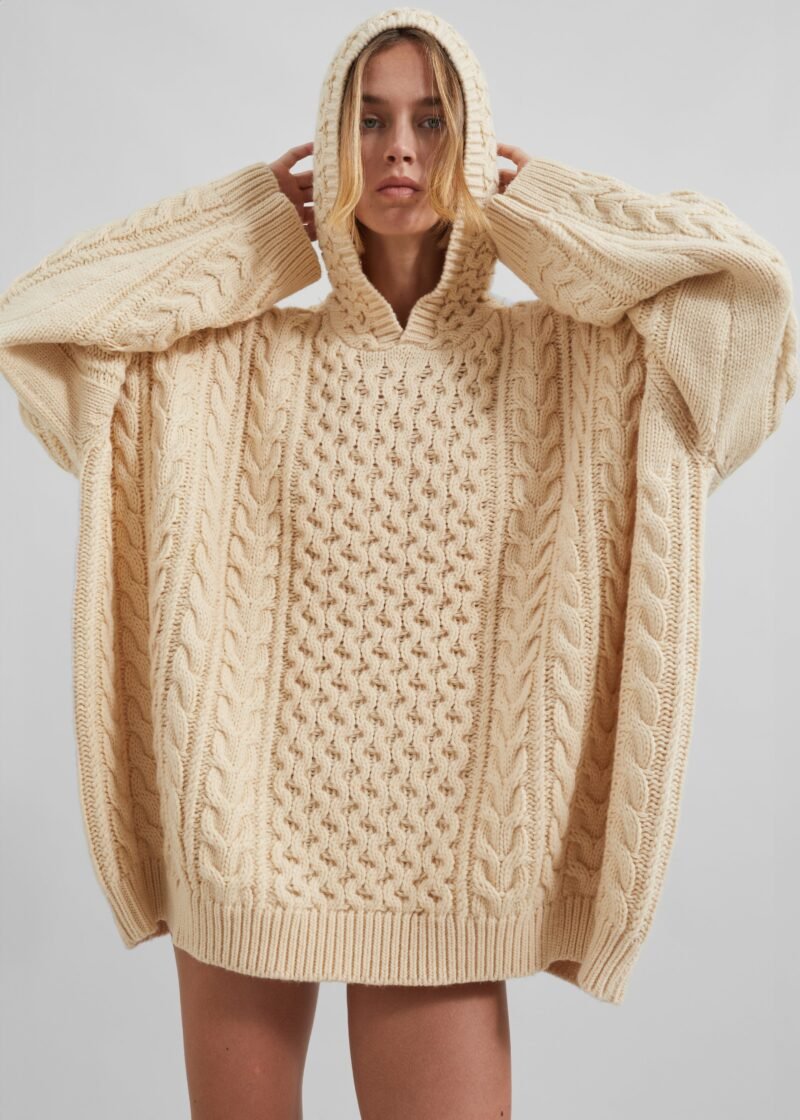 Braided Knit Hoodie - Beige - Image 2