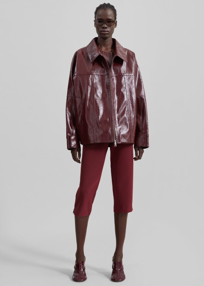 Crackled Faux Leather Jacket - Burgundy - Image 8