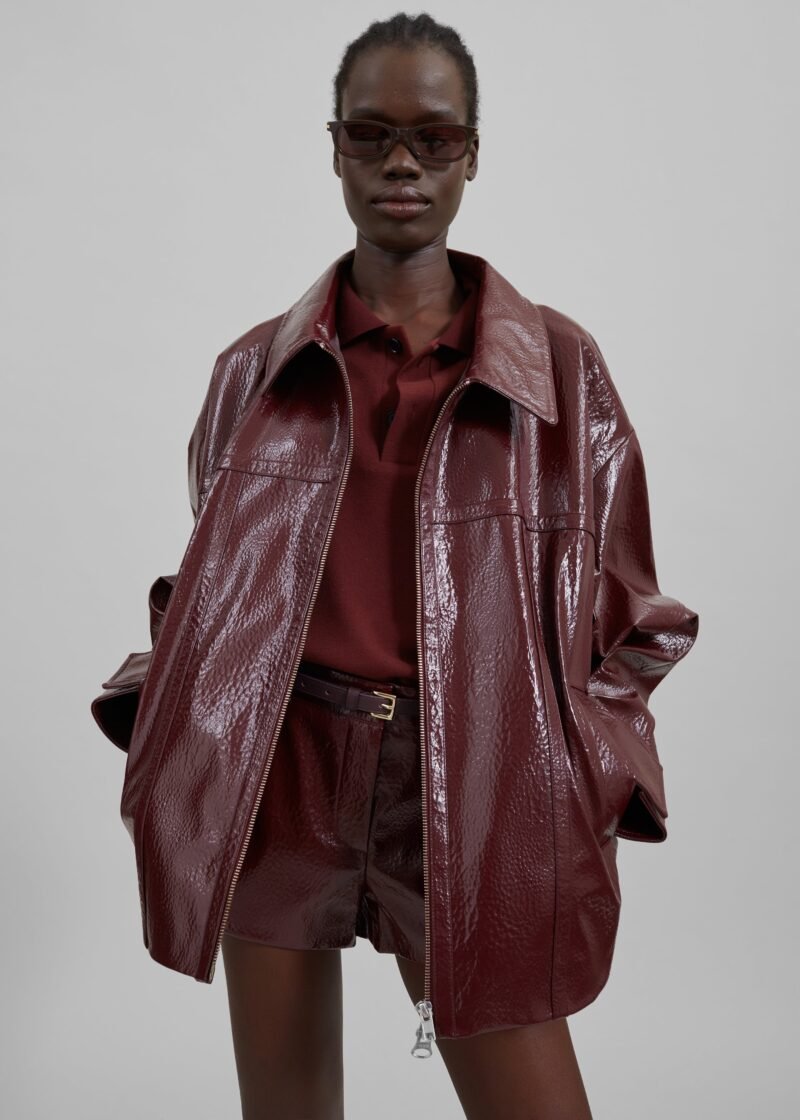 Crackled Faux Leather Jacket - Burgundy - Image 2