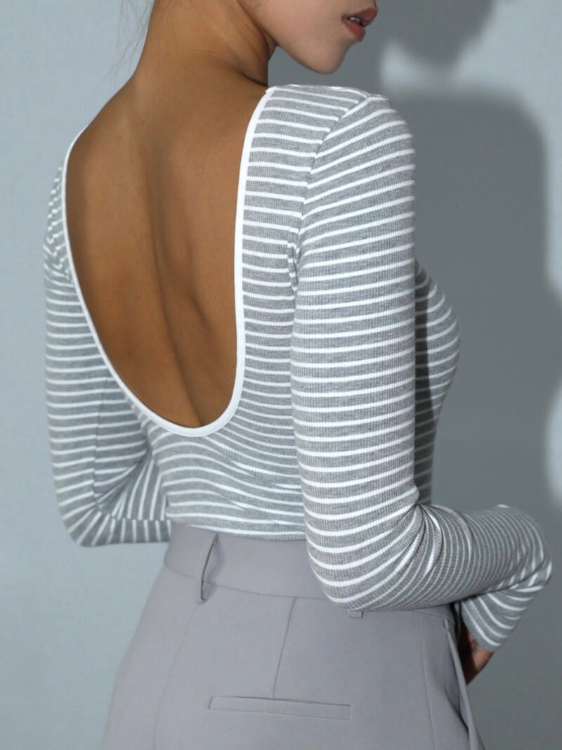 Open Back Stripe Long Sleeve Bodysuit - Image 5