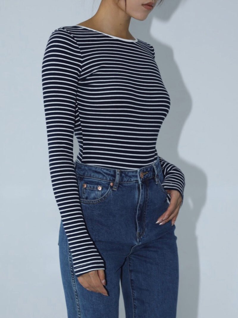 Open Back Stripe Long Sleeve Bodysuit - Image 3