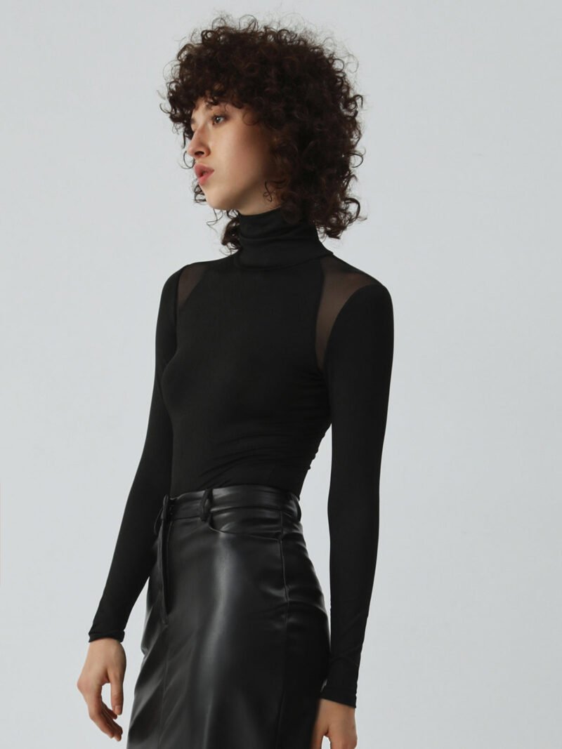 Patchwork Mesh Turtleneck Long Sleeve Bodysuit - Image 2