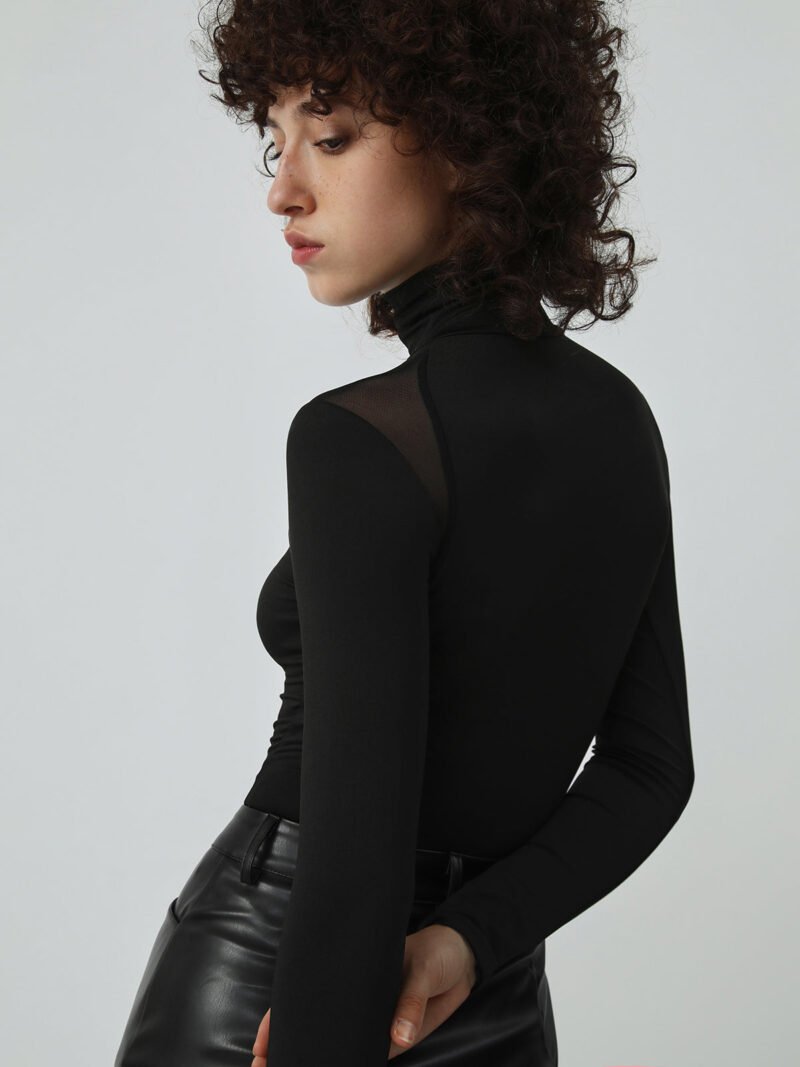 Patchwork Mesh Turtleneck Long Sleeve Bodysuit - Image 3