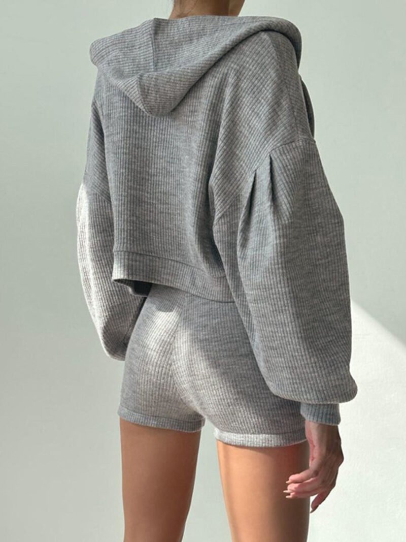 Zip Up Hoodie Three Piece Rib Shorts Set - Image 3