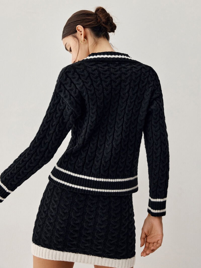 Contrast Trim Cable Knit Sweater With Matching Skirt - Image 5