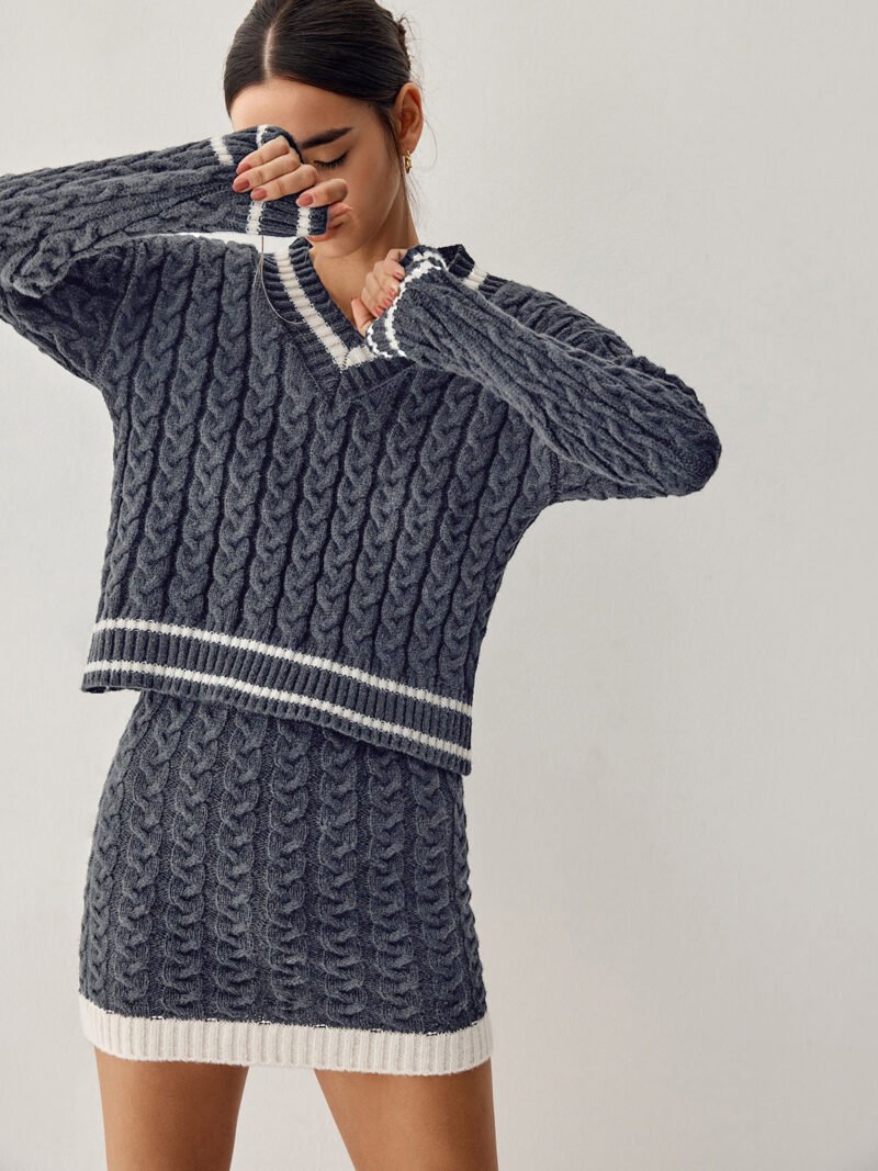 Contrast Trim Cable Knit Sweater With Matching Skirt - Image 6