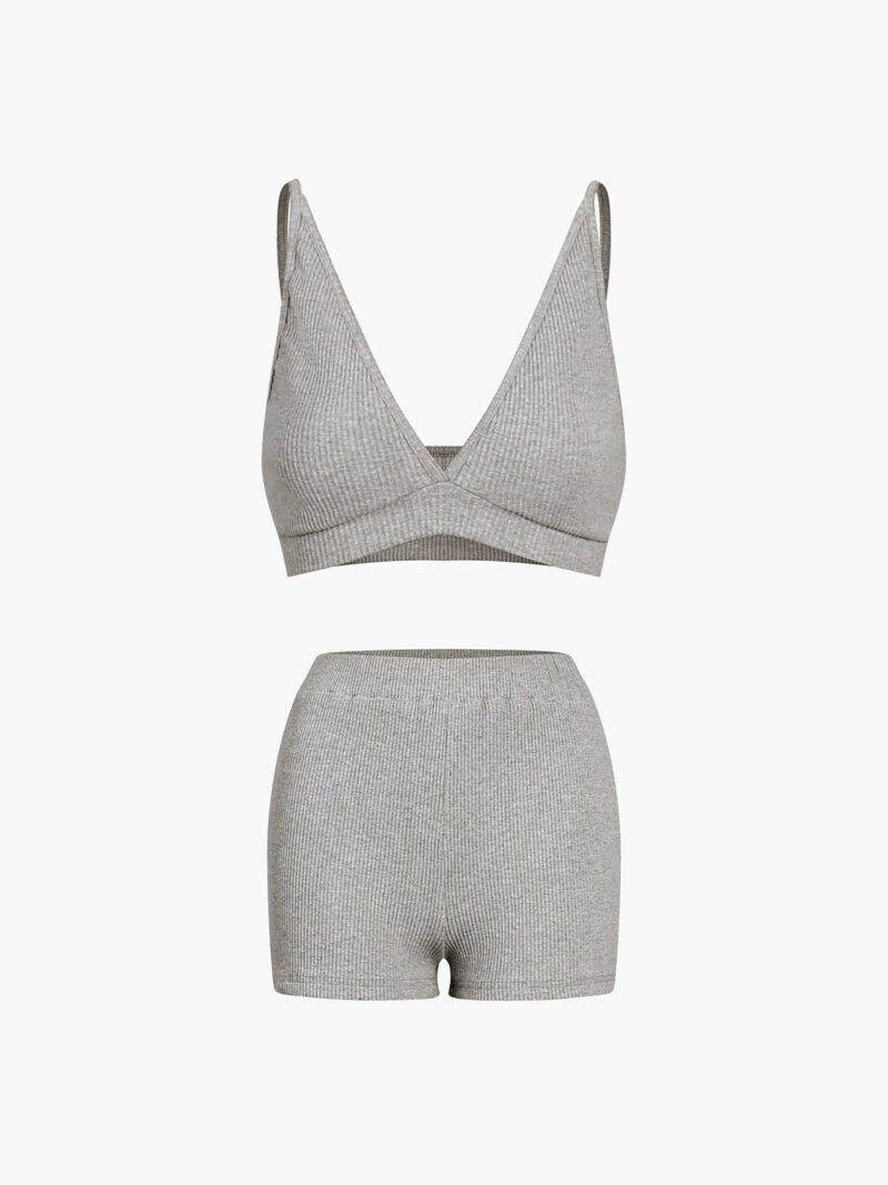 Zip Up Hoodie Three Piece Rib Shorts Set - Image 4
