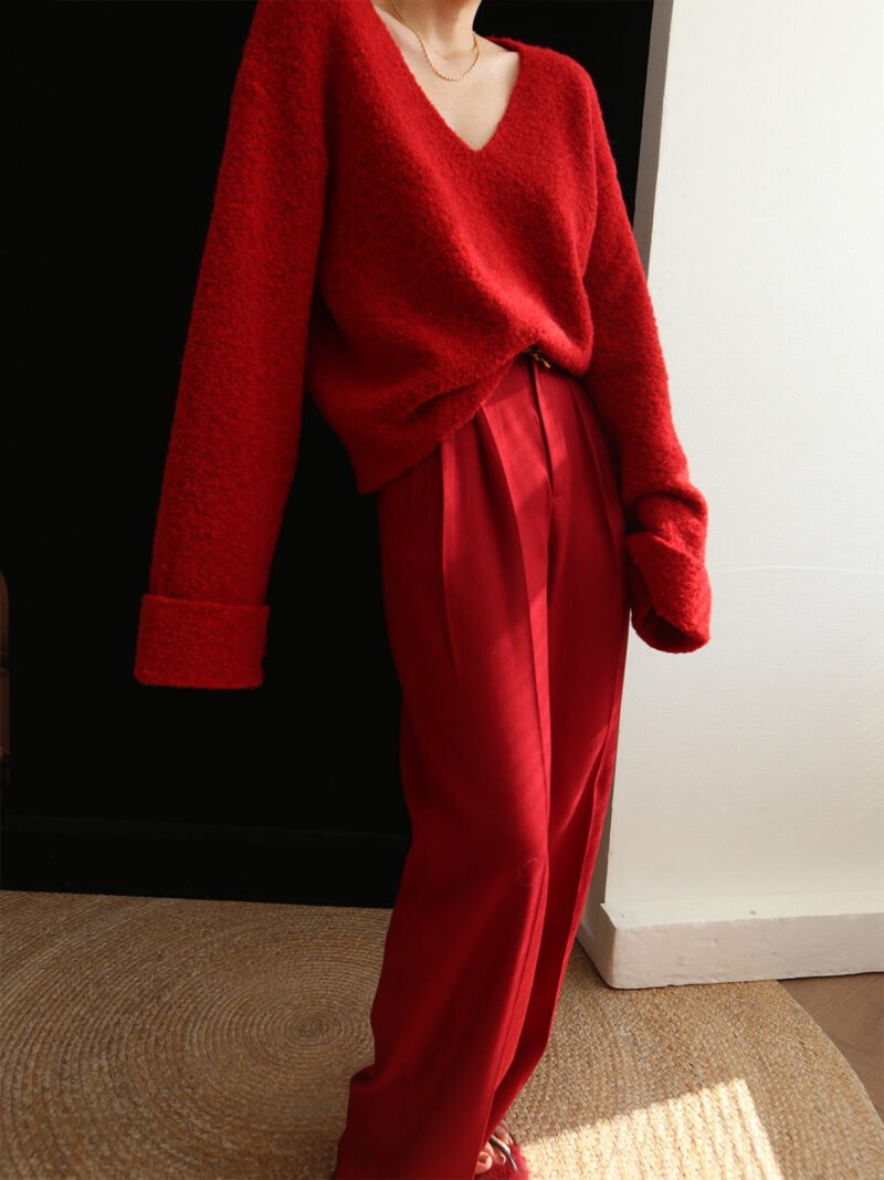 Knit Solid V-neck Long Sleeve Sweater - Image 2