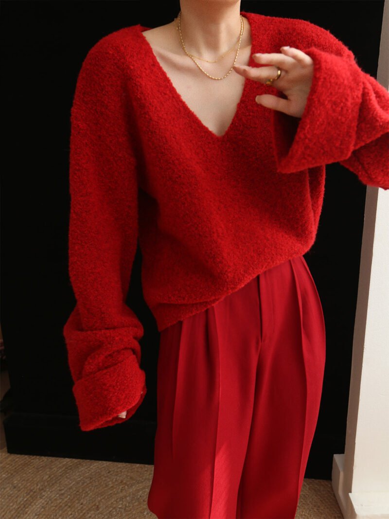 Knit Solid V-neck Long Sleeve Sweater - Image 3