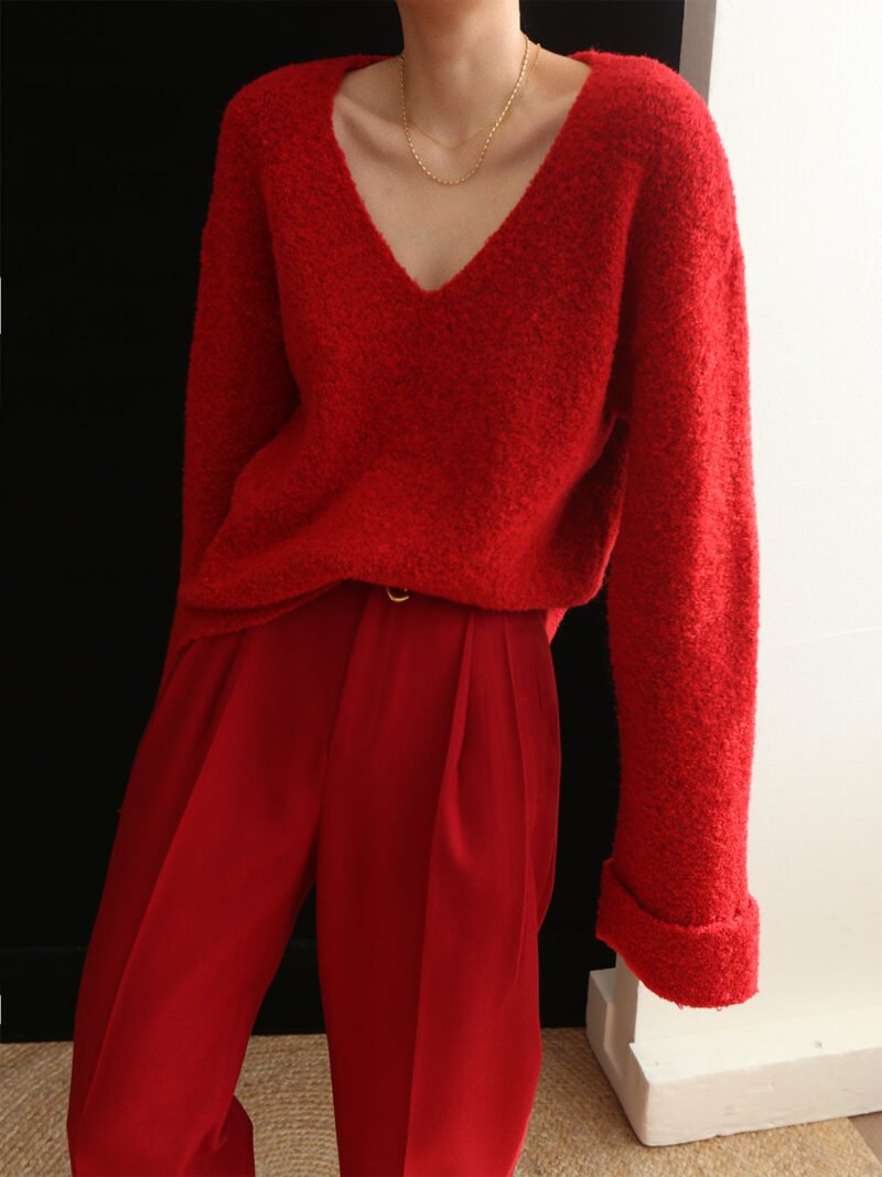 Knit Solid V-neck Long Sleeve Sweater - Image 4