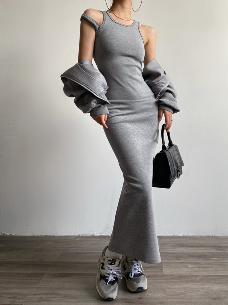 Asymmetrical Crew Neck Split Maxi Dress - Image 3