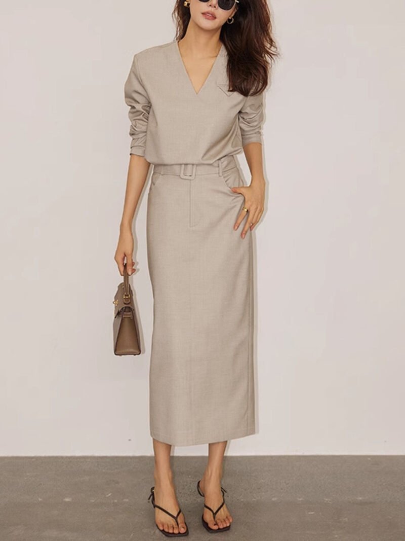 Solid V-neck Belted Two Piece Skirt Set - Image 5