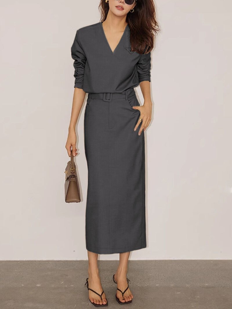Solid V-neck Belted Two Piece Skirt Set - Image 7