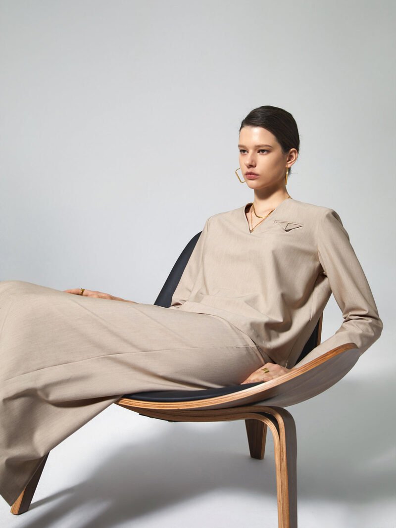 Solid V-neck Belted Two Piece Skirt Set - Image 4