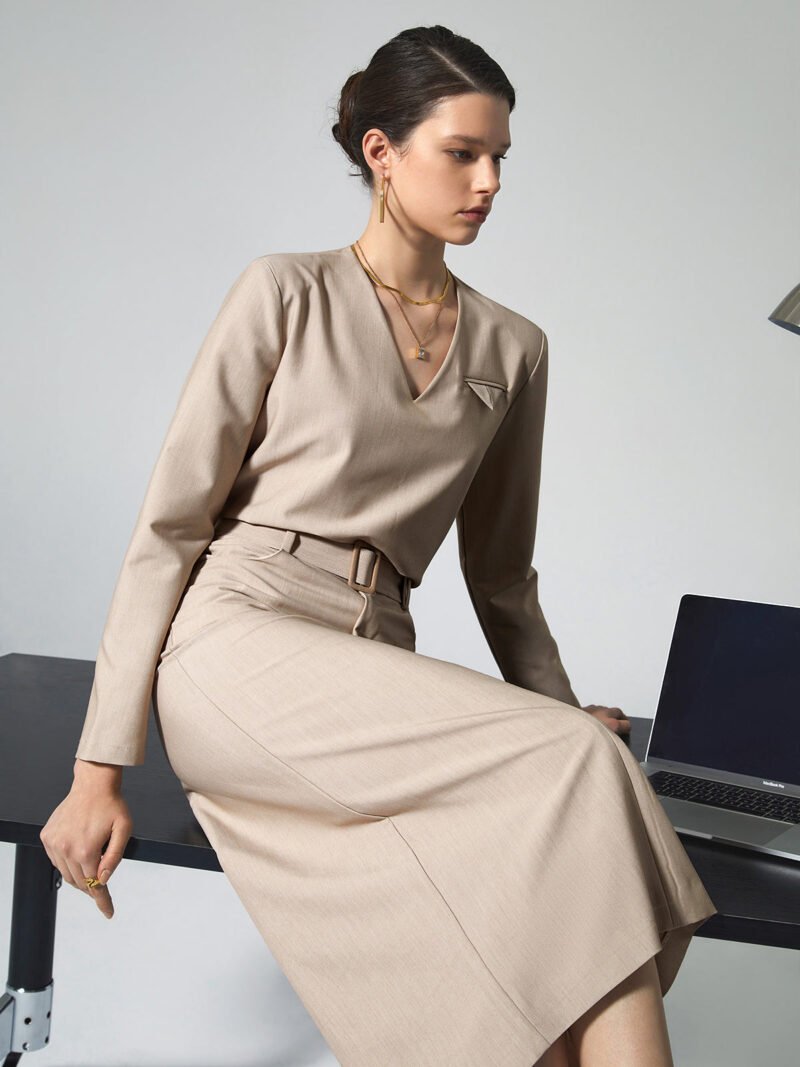 Solid V-neck Belted Two Piece Skirt Set - Image 2