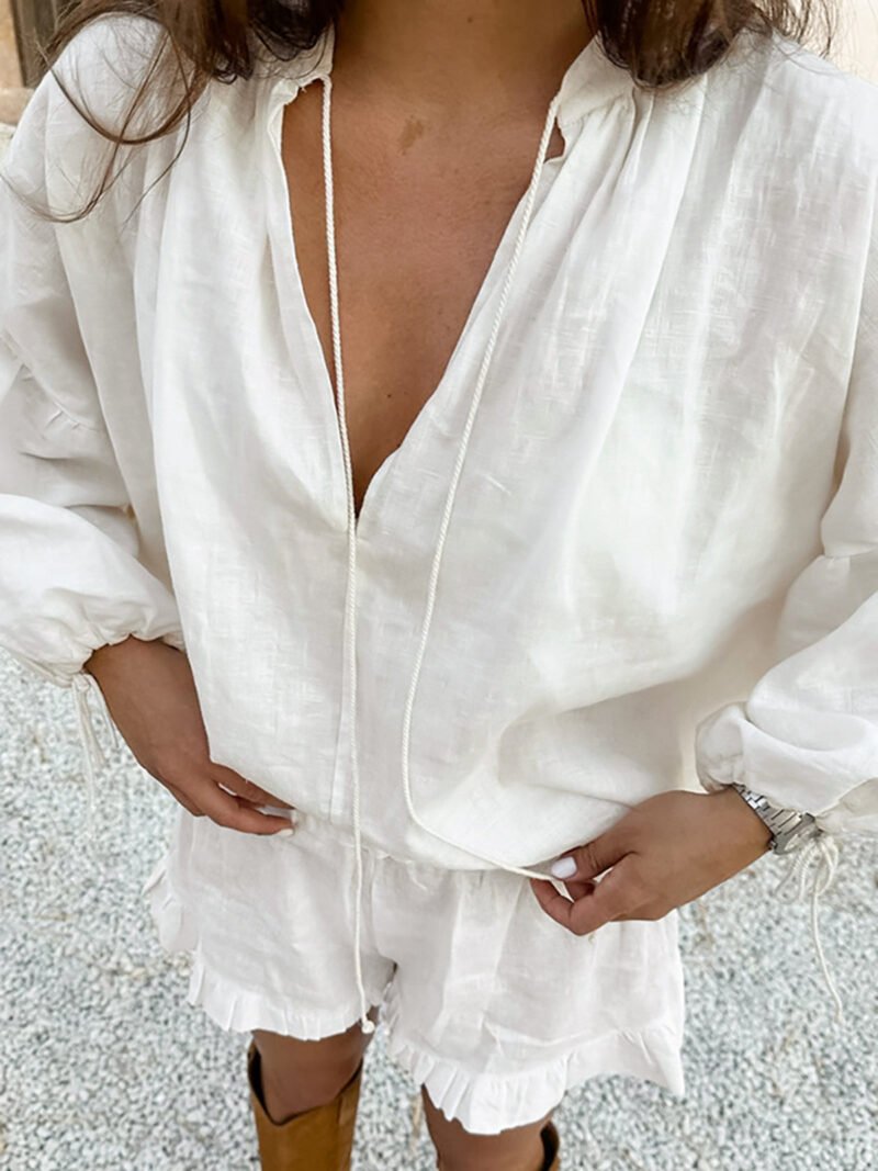Pure Cotton Adjustable Cuff Ruffle Hem Shorts Set - Image 4