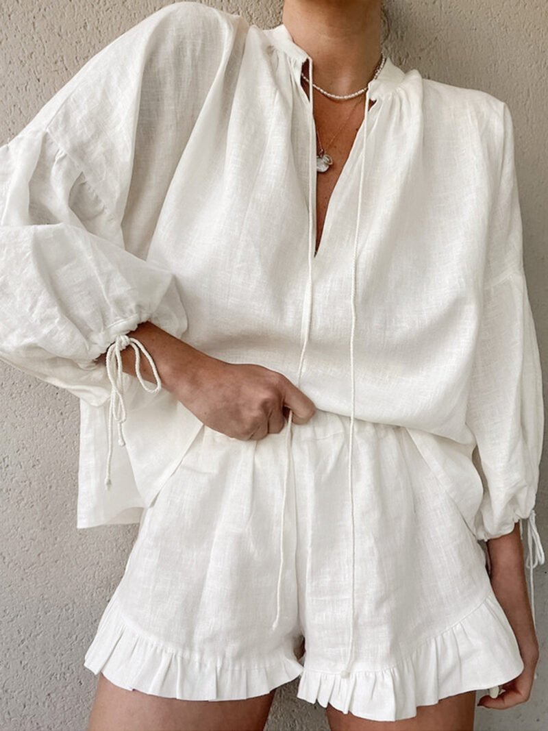 Pure Cotton Adjustable Cuff Ruffle Hem Shorts Set - Image 3