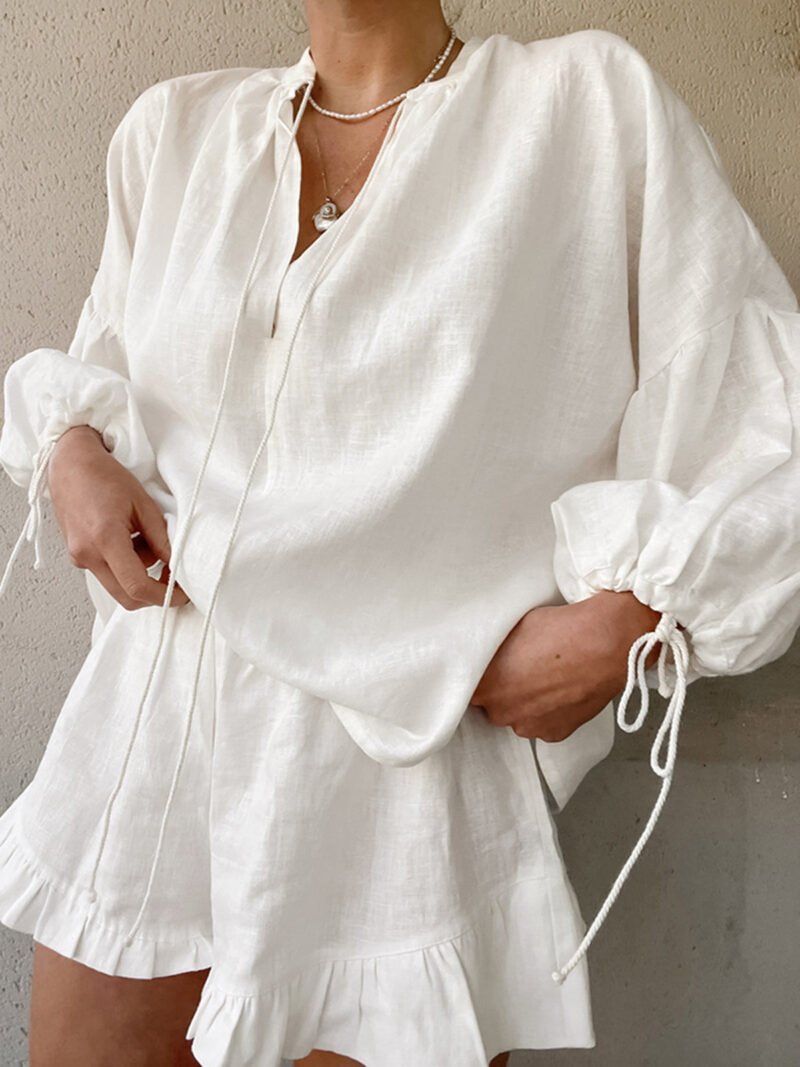 Pure Cotton Adjustable Cuff Ruffle Hem Shorts Set