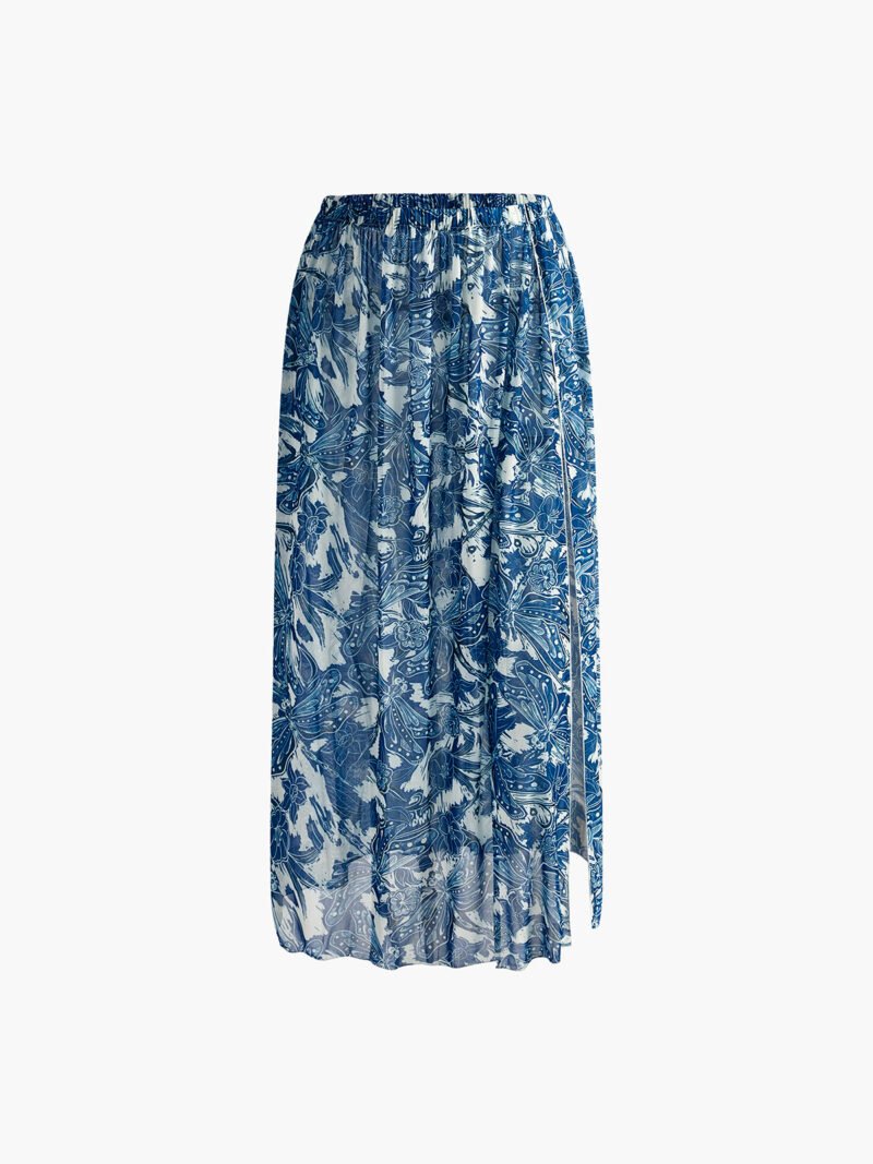 Printed Mesh Split Cover Up Skirt