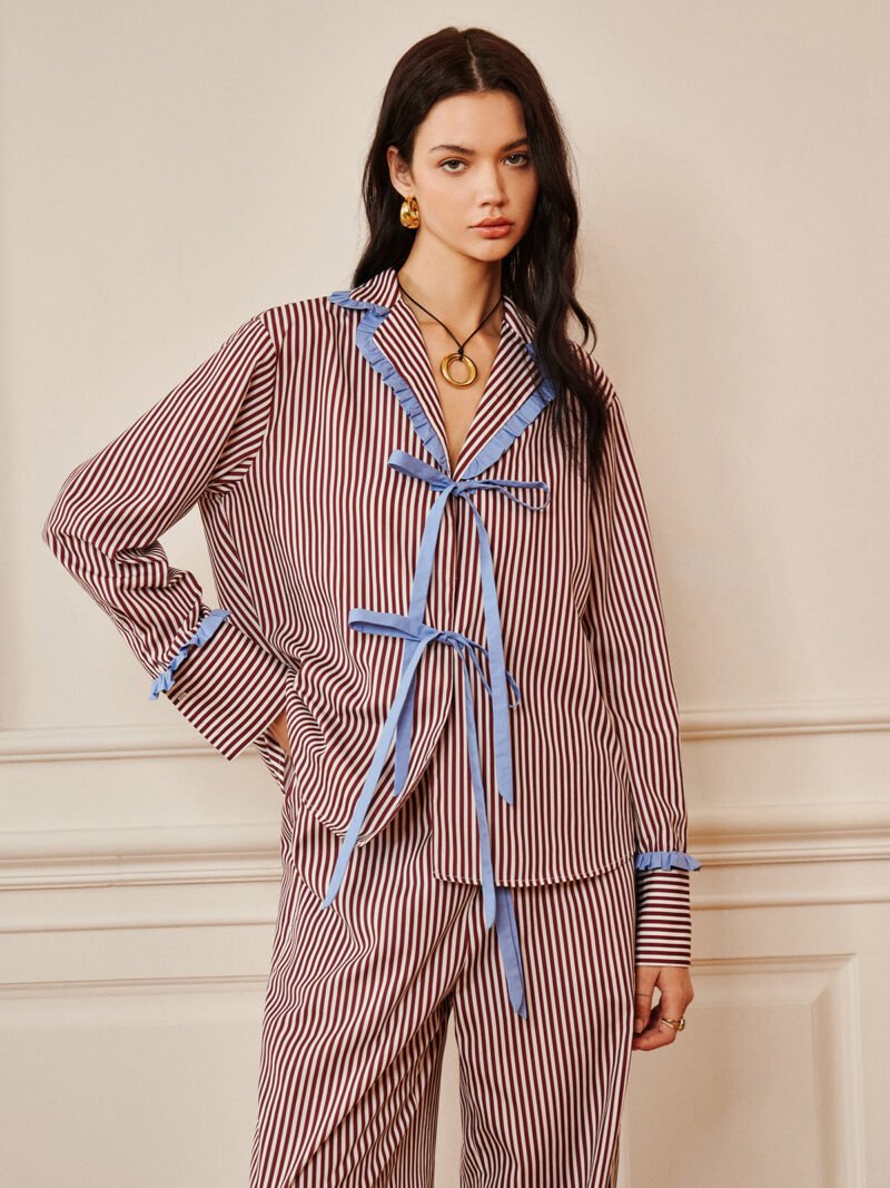 Pinstripe Ruffle Tie Front Shirt - Image 3