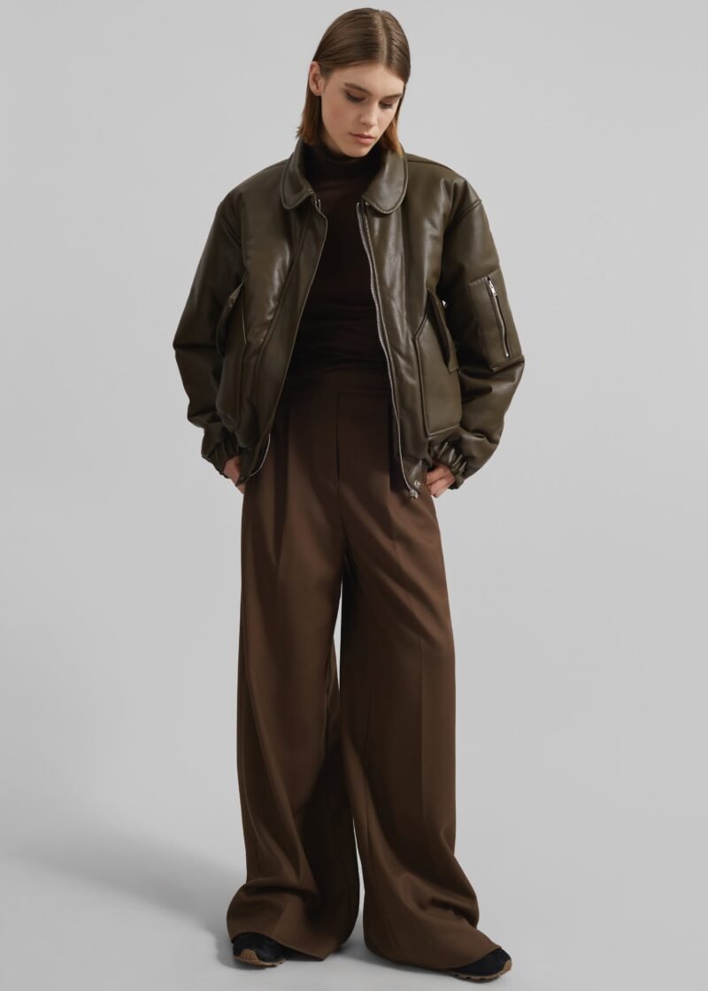 Faux Leather Padded Bomber Jacket - Khaki Brown - Image 3