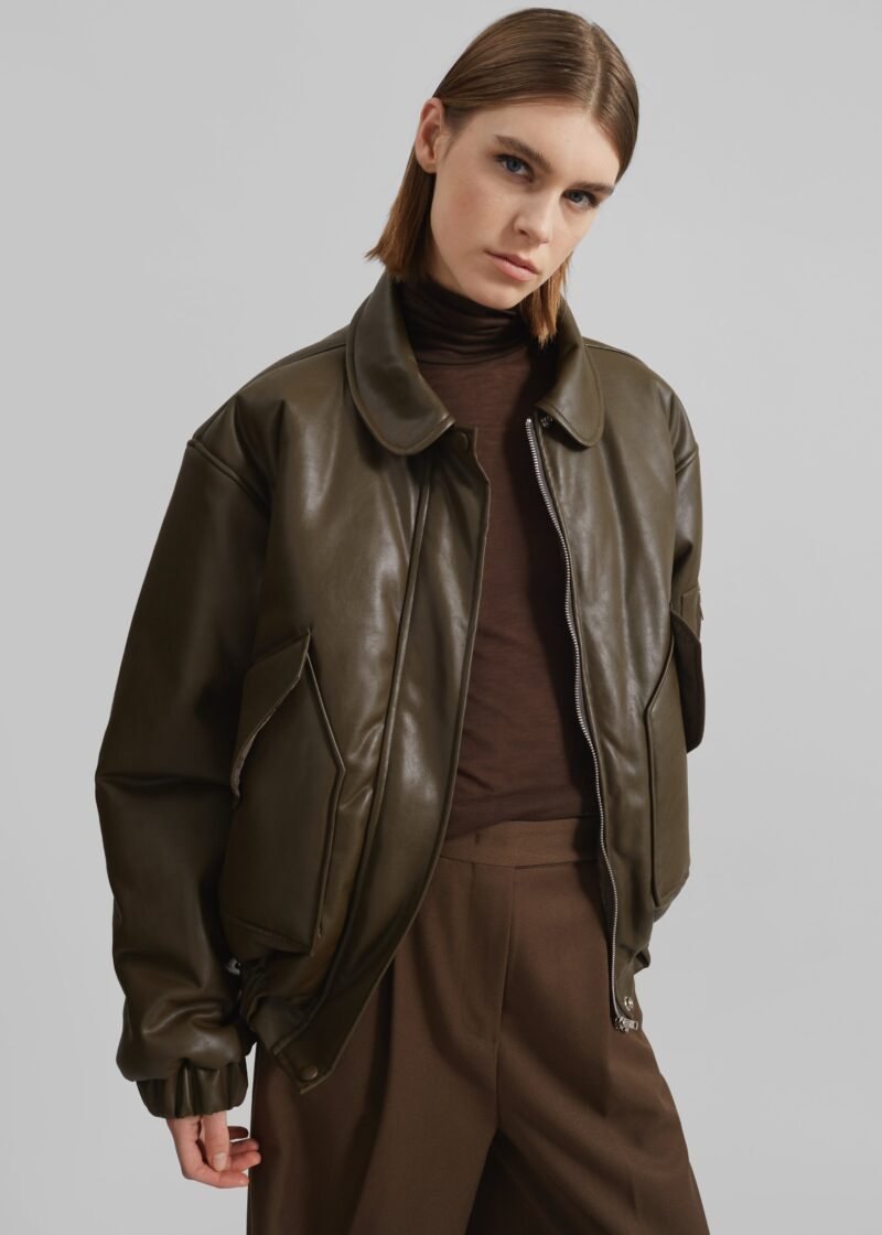 Faux Leather Padded Bomber Jacket - Khaki Brown - Image 4