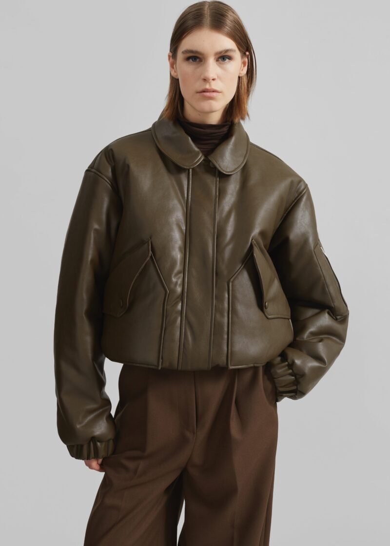 Faux Leather Padded Bomber Jacket - Khaki Brown - Image 8