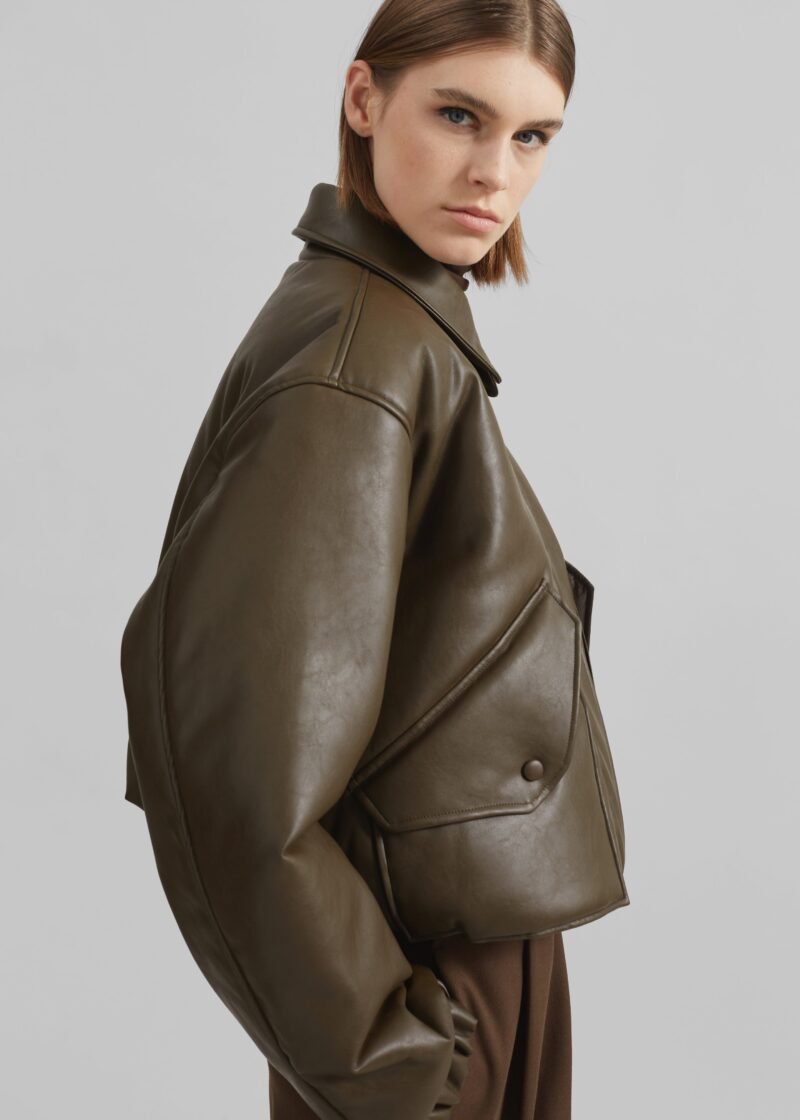 Faux Leather Padded Bomber Jacket - Khaki Brown - Image 2