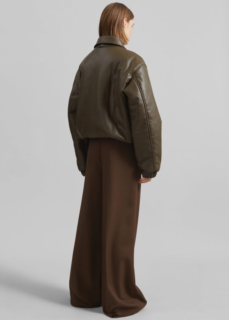 Faux Leather Padded Bomber Jacket - Khaki Brown - Image 9