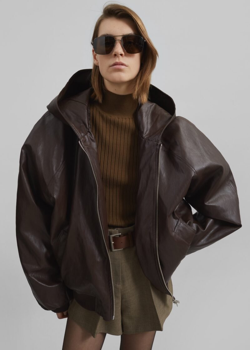 Faux Leather Zip-Up Hoodie - Brown - Image 5