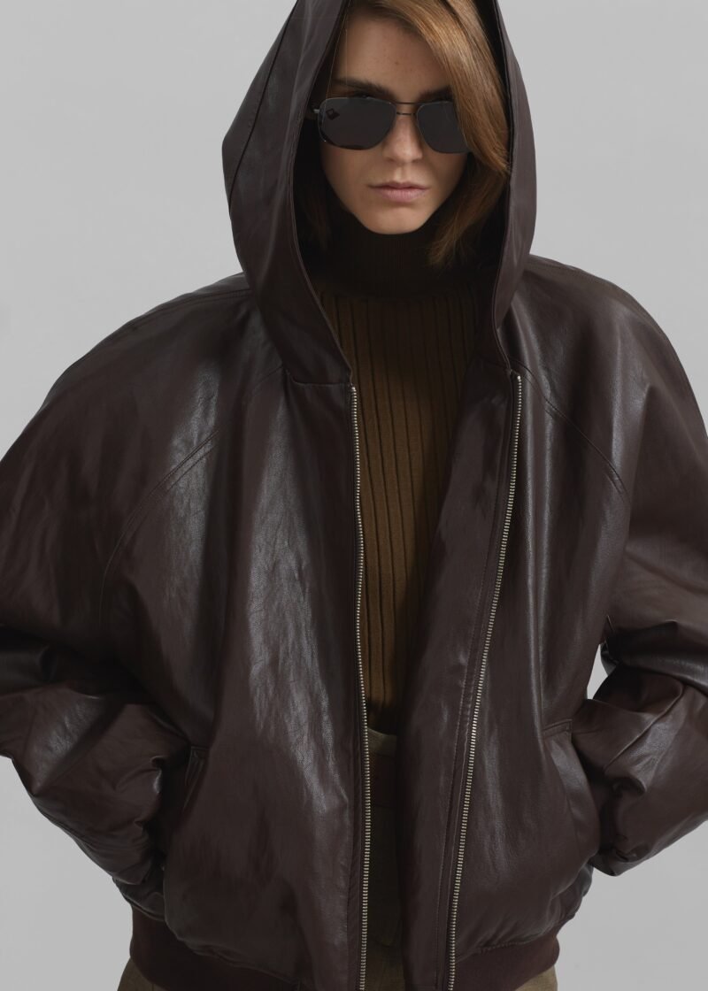 Faux Leather Zip-Up Hoodie - Brown - Image 3