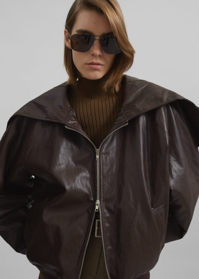Faux Leather Zip-Up Hoodie - Brown