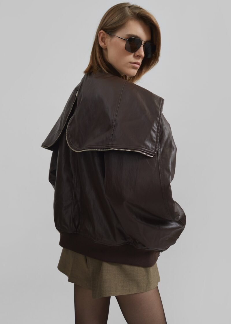 Faux Leather Zip-Up Hoodie - Brown - Image 8