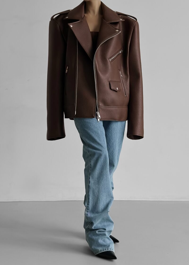 Oversized Biker Jacket - Brown - Image 2