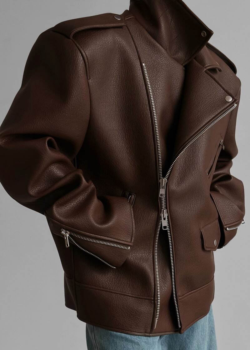 Oversized Biker Jacket - Brown - Image 10