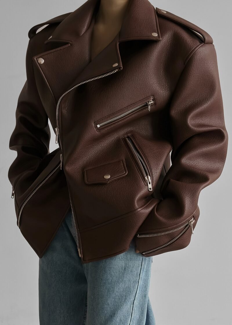 Oversized Biker Jacket - Brown - Image 9