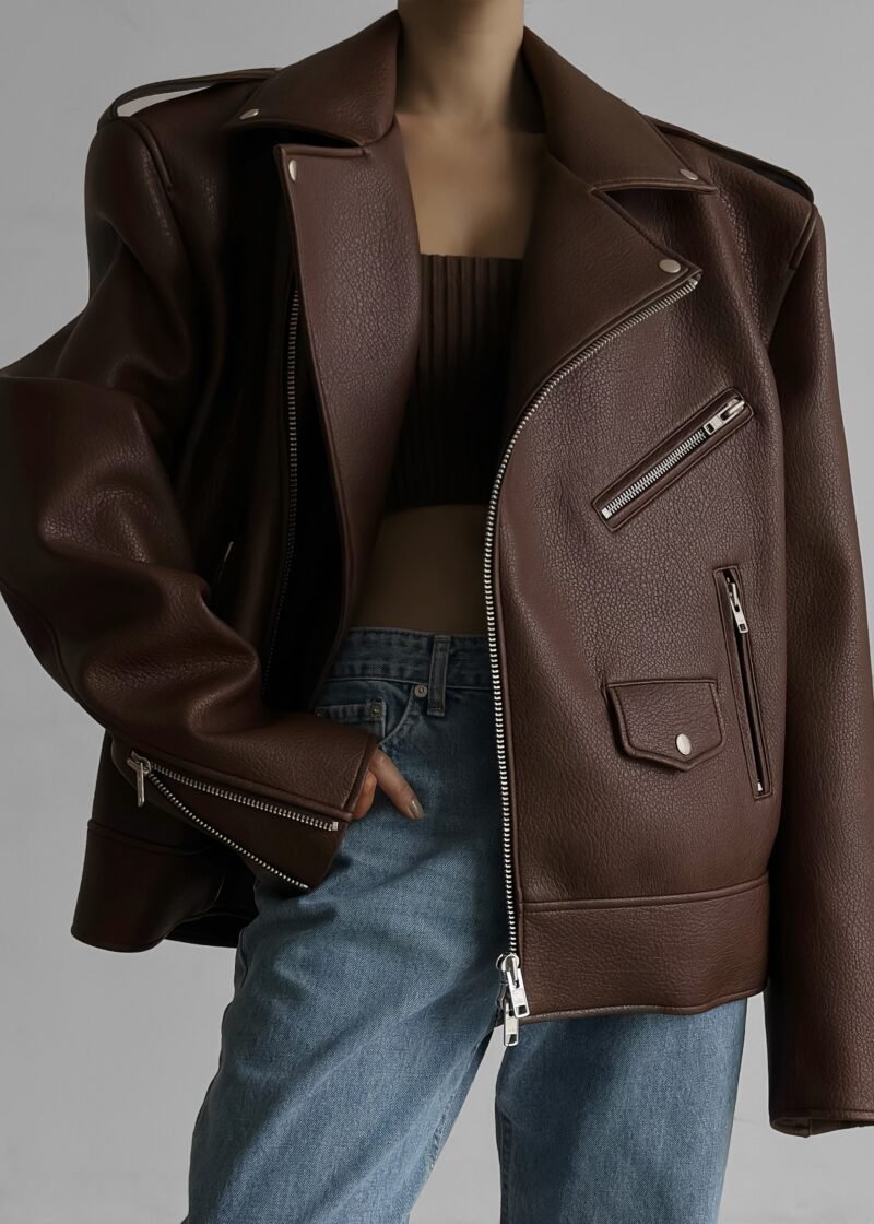 Oversized Biker Jacket - Brown - Image 7