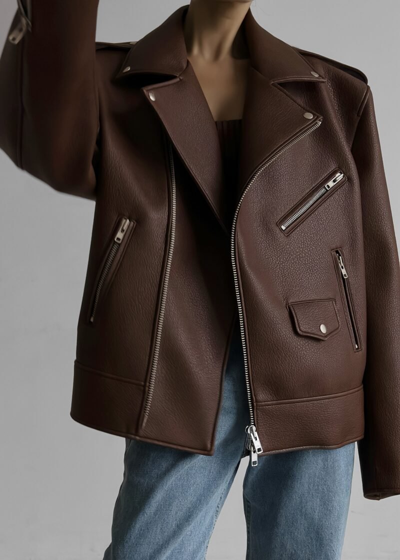Oversized Biker Jacket - Brown - Image 11