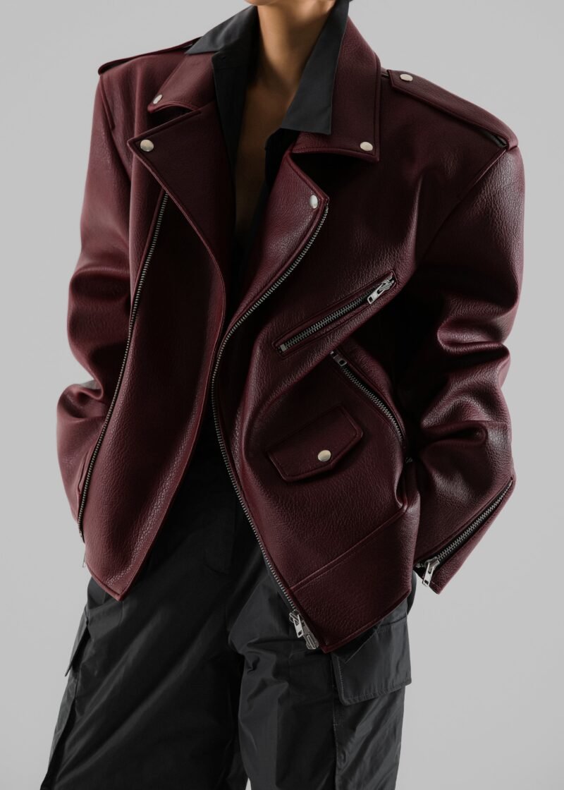 Oversized Biker Jacket - Burgundy - Image 6