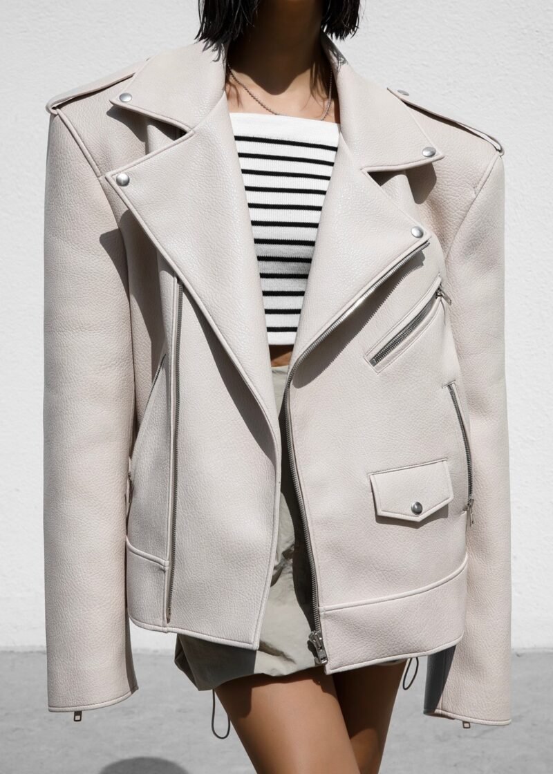 Oversized Biker Jacket - Cream - Image 2