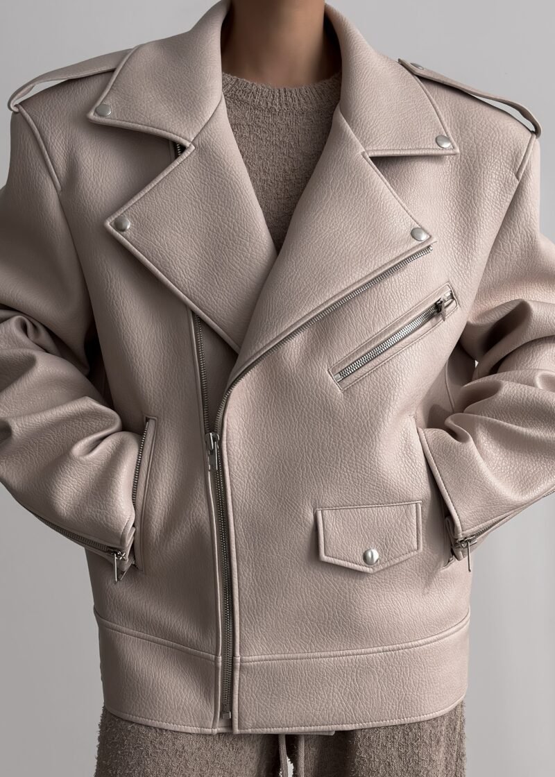 Oversized Biker Jacket - Cream - Image 12