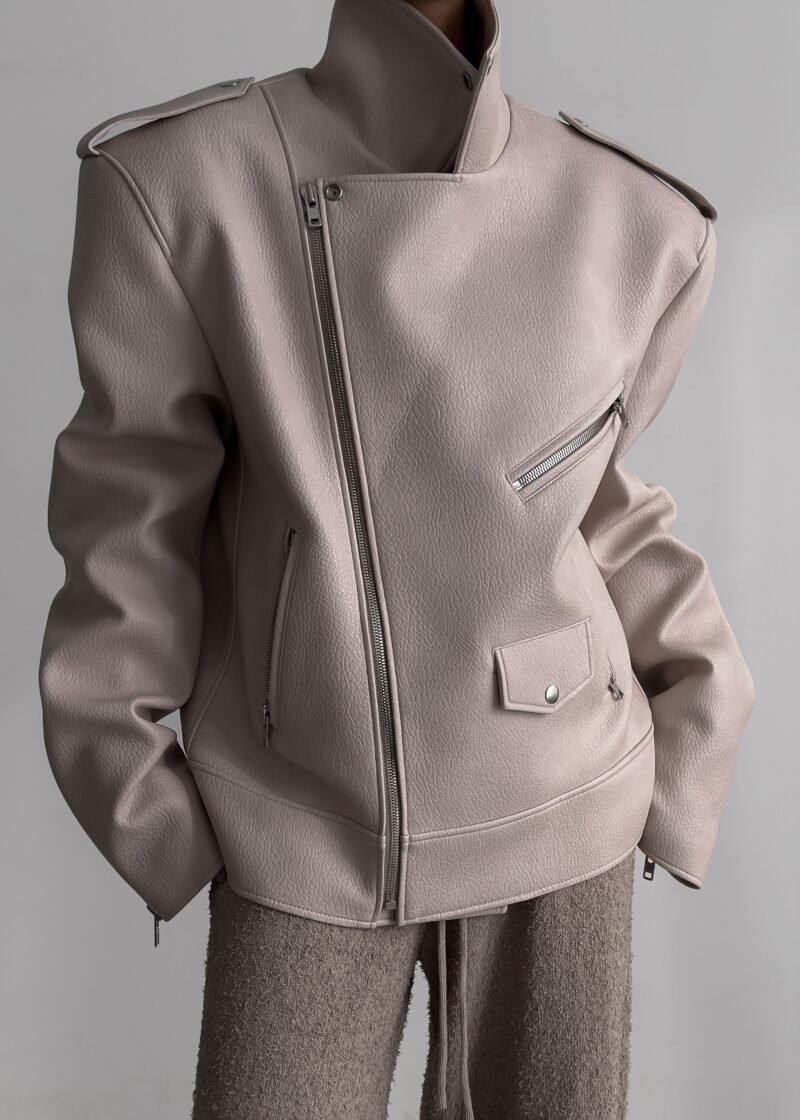Oversized Biker Jacket - Cream - Image 14