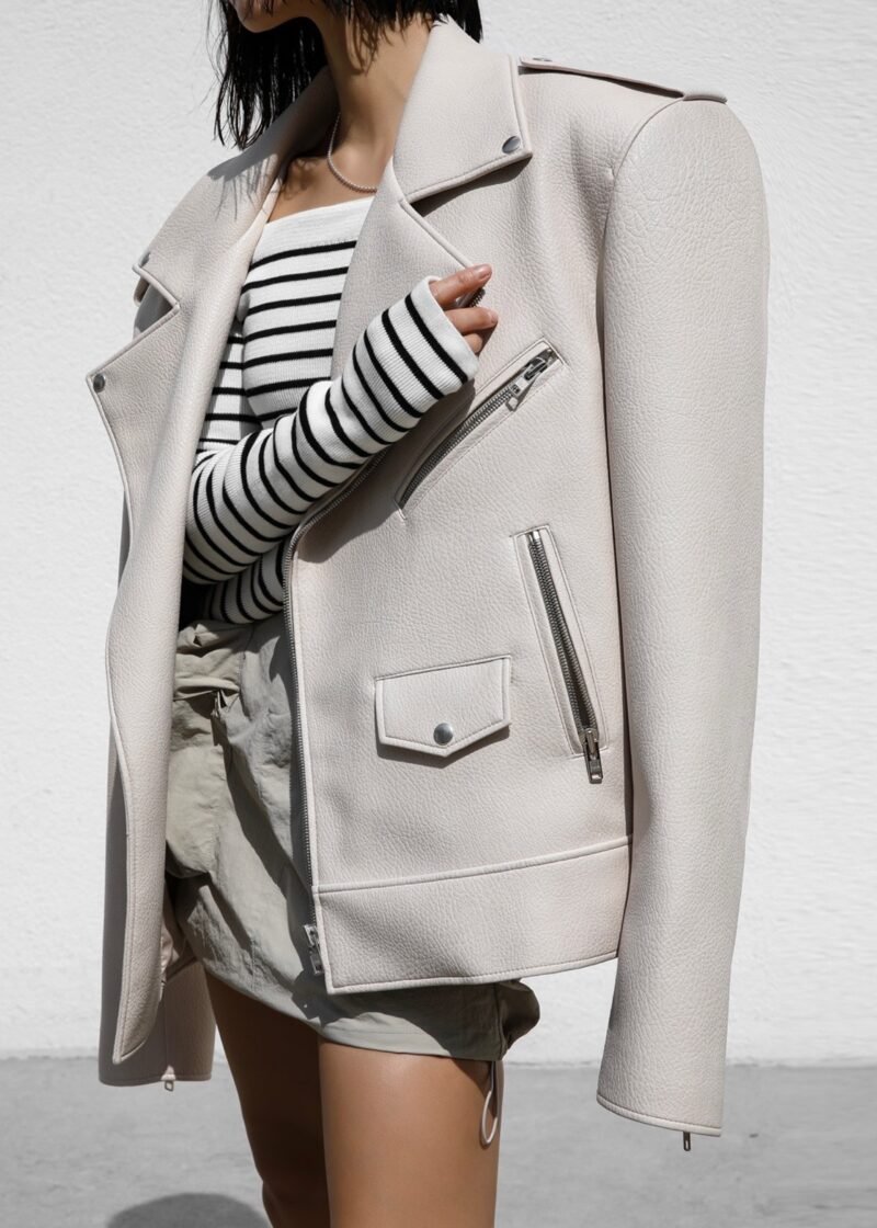 Oversized Biker Jacket - Cream - Image 11