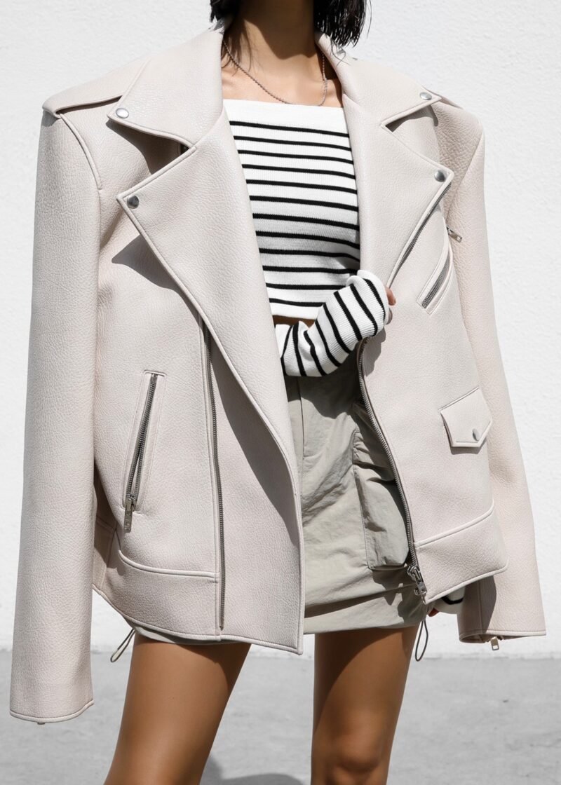 Oversized Biker Jacket - Cream - Image 6