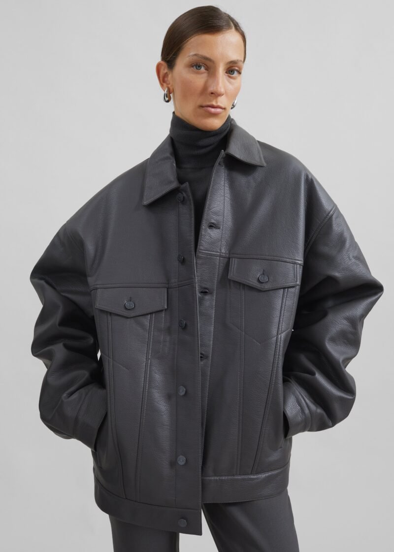 Faux Leather Jacket - Dark Grey - Image 4