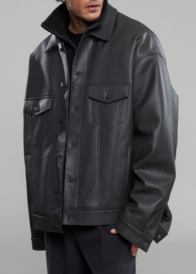Faux Leather Jacket - Dark Grey - Image 7