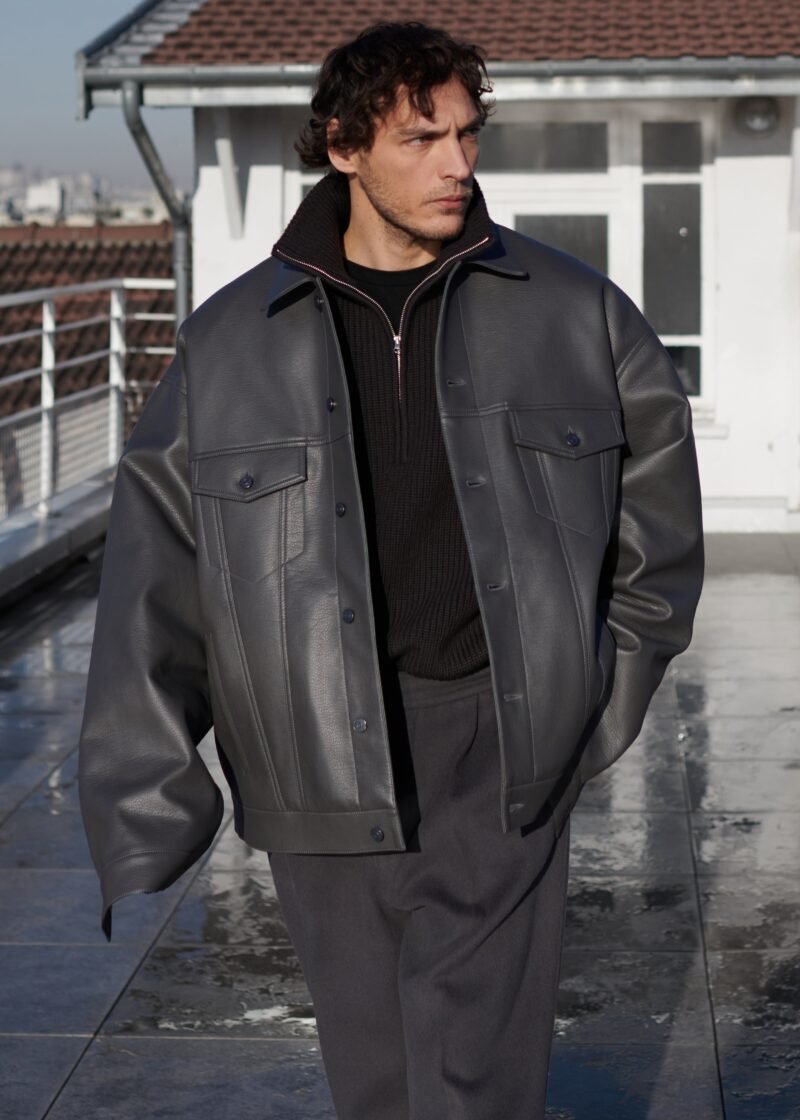 Faux Leather Jacket - Dark Grey - Image 6