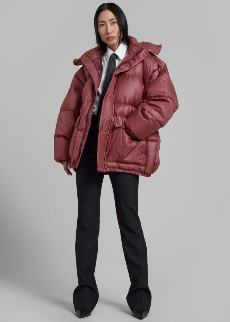 Belted Puffer Jacket - Burgundy